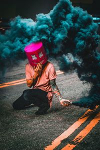 Preview wallpaper mask, smoke, street, man, smoke bomb
