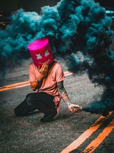 Preview wallpaper mask, smoke, street, man, smoke bomb