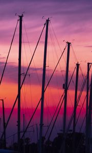 Preview wallpaper masts, silhouettes, sunset, dark