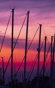 Preview wallpaper masts, silhouettes, sunset, dark