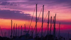 Preview wallpaper masts, silhouettes, sunset, dark