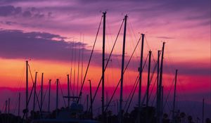 Preview wallpaper masts, silhouettes, sunset, dark
