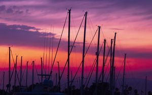 Preview wallpaper masts, silhouettes, sunset, dark