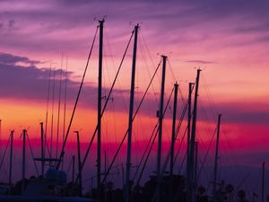 Preview wallpaper masts, silhouettes, sunset, dark