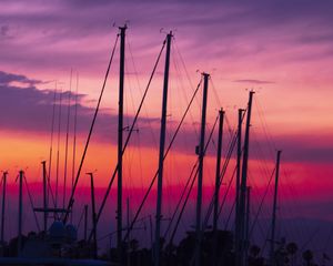 Preview wallpaper masts, silhouettes, sunset, dark
