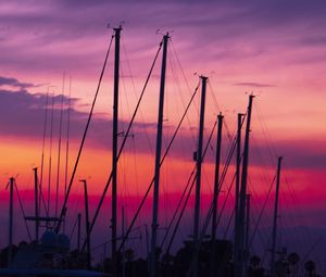 Preview wallpaper masts, silhouettes, sunset, dark