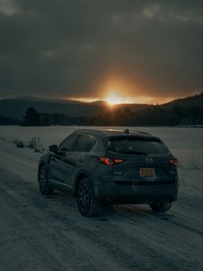 Preview wallpaper mazda cx-5, mazda, car, suv, gray, rear view, snow, sunset