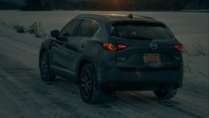 Preview wallpaper mazda cx-5, mazda, car, suv, gray, rear view, snow, sunset