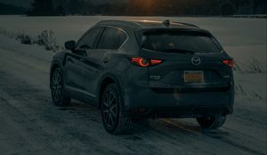 Preview wallpaper mazda cx-5, mazda, car, suv, gray, rear view, snow, sunset