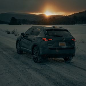 Preview wallpaper mazda cx-5, mazda, car, suv, gray, rear view, snow, sunset