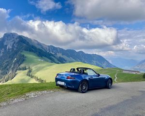 Preview wallpaper mazda mx-5, mazda, car, blue, mountains, view