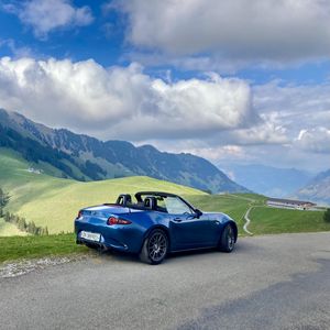 Preview wallpaper mazda mx-5, mazda, car, blue, mountains, view