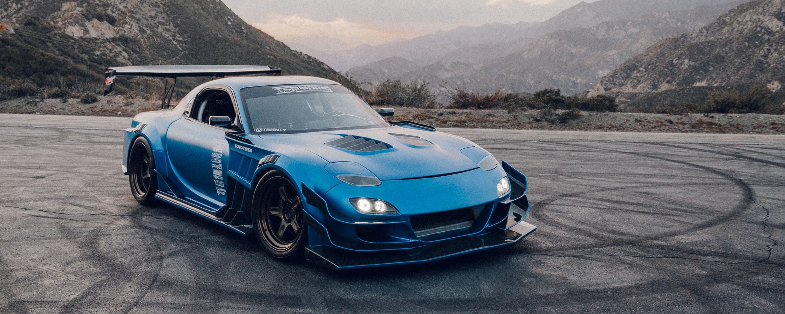 2560x1024 Wallpaper mazda rx-7, mazda, car, blue, drift, asphalt, mountains