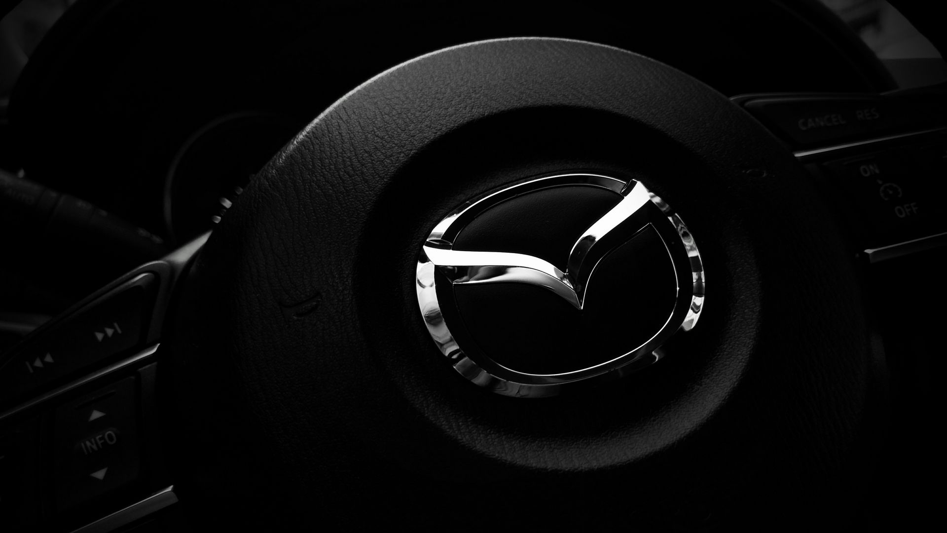 Download wallpaper 1920x1080 mazda, steering wheel, logo full hd, hdtv, fhd, 1080p hd background