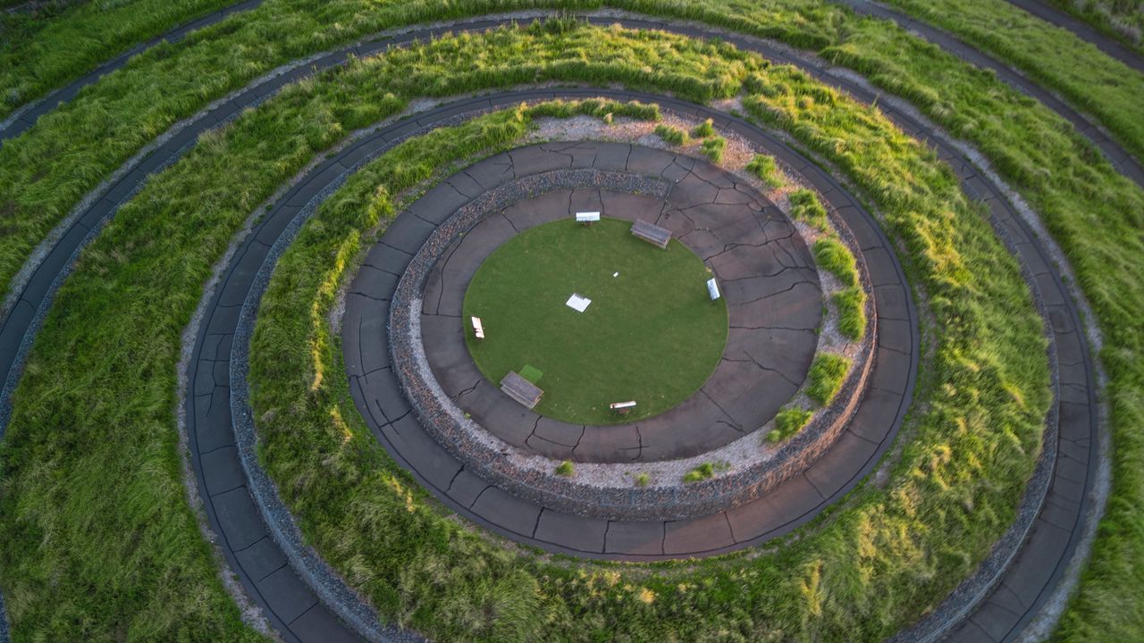 Wallpaper maze, spiral, aerial view, trail, greenery, landscape design