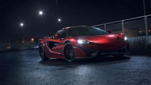 Preview wallpaper mclaren 570s, mclaren, car, sportscar, red, side view, night