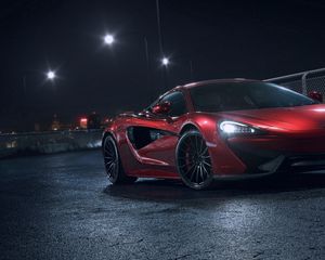 Preview wallpaper mclaren 570s, mclaren, car, sportscar, red, side view, night