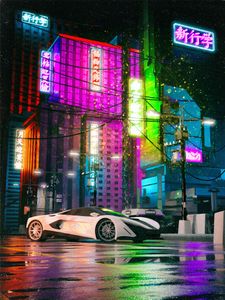 Preview wallpaper mclaren, car, supercar, white, buildings, neon, hieroglyphs