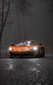 Preview wallpaper mclaren, car, supercar, orange, road, fog