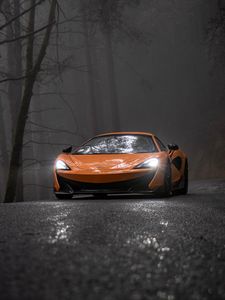 Preview wallpaper mclaren, car, supercar, orange, road, fog