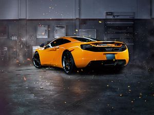 Preview wallpaper mclaren, mp4-12c, sparks, yellow, rear view