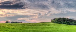 Preview wallpaper meadow, clouds, sky, volume, cloudy, wood, field, breadth