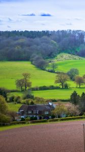 Preview wallpaper meadow, field, landscape, houses, nature