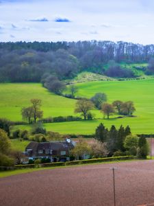 Preview wallpaper meadow, field, landscape, houses, nature