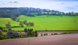 Preview wallpaper meadow, field, landscape, houses, nature