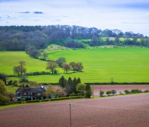 Preview wallpaper meadow, field, landscape, houses, nature