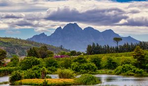 Preview wallpaper meadow, grass, mountains, river, landscape, nature