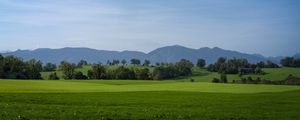 Preview wallpaper meadow, landscape, trees, mountains, nature