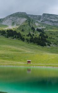 Preview wallpaper meadow, mountains, slope, grass, lake, nature