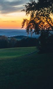 Preview wallpaper meadow, trees, sunset, landscape, nature