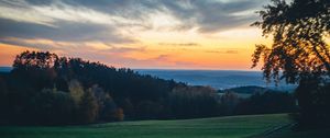 Preview wallpaper meadow, trees, sunset, landscape, nature