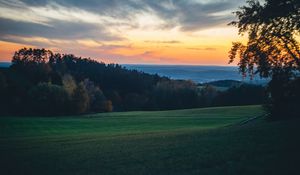 Preview wallpaper meadow, trees, sunset, landscape, nature