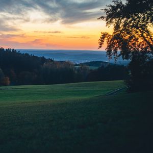 Preview wallpaper meadow, trees, sunset, landscape, nature