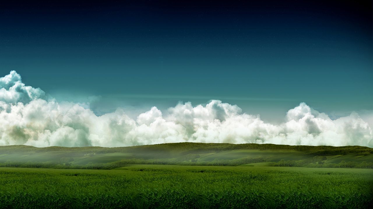 Wallpaper meadows, fields, clouds, sky, volume, colors, haze, grass, summer, green, trace