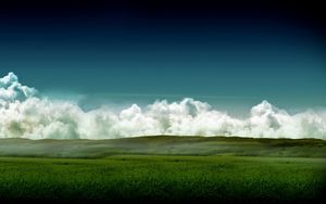 Preview wallpaper meadows, fields, clouds, sky, volume, colors, haze, grass, summer, green, trace