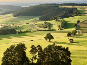 Preview wallpaper meadows, hills, aerial view, landscape, greenery