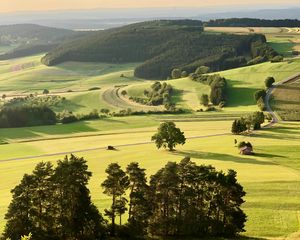 Preview wallpaper meadows, hills, aerial view, landscape, greenery