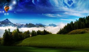 Preview wallpaper meadows, slopes, hills, balloon, heart, sky, clouds