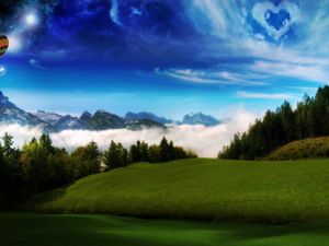 Preview wallpaper meadows, slopes, hills, balloon, heart, sky, clouds