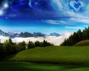 Preview wallpaper meadows, slopes, hills, balloon, heart, sky, clouds