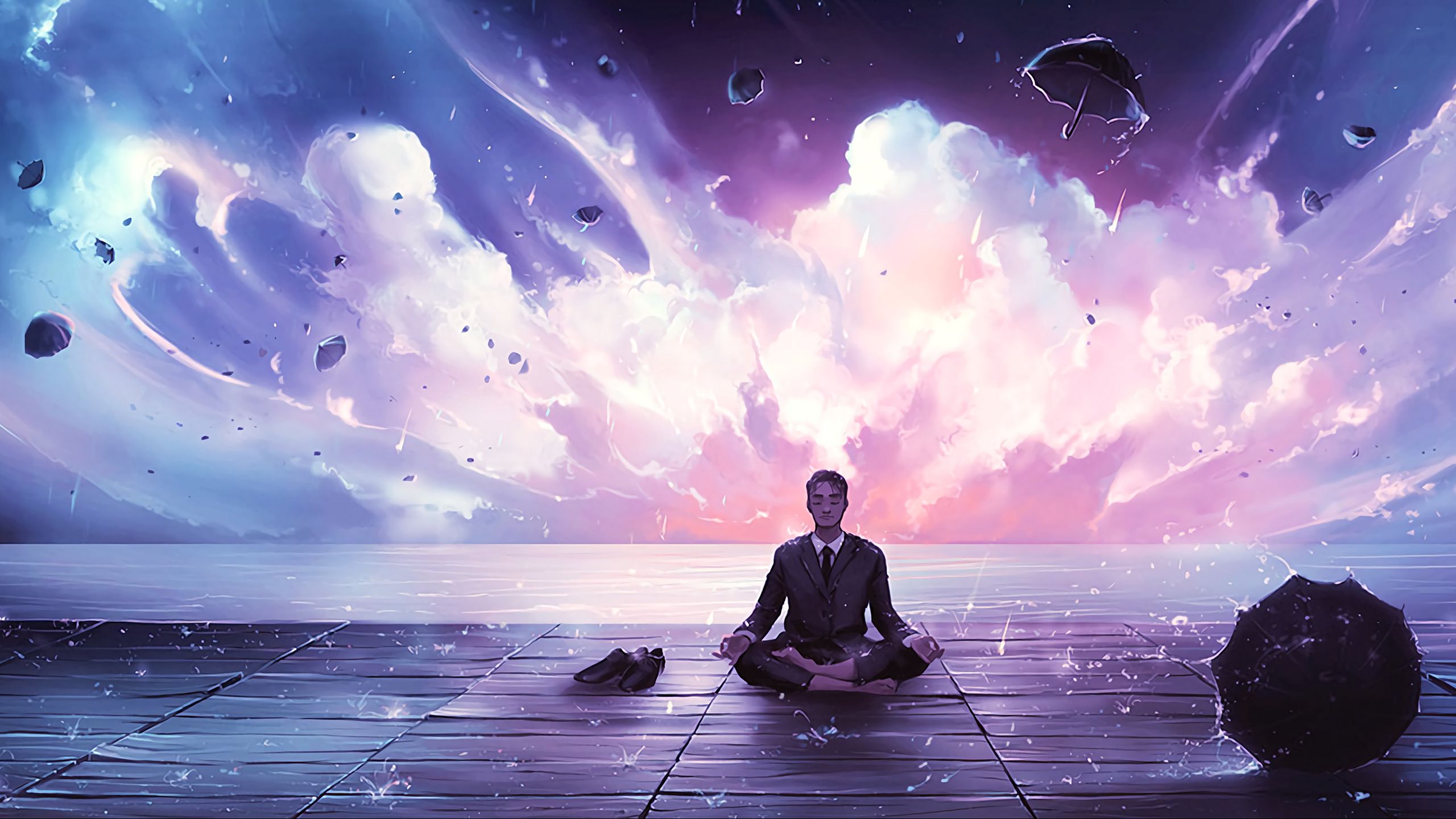 2560x1440 Wallpaper meditation, calmness, harmony, art, man, rain, eureka