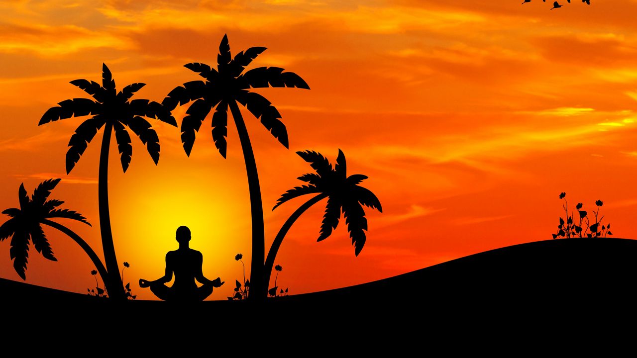 Wallpaper meditation, yoga, silhouette, palm trees, harmony