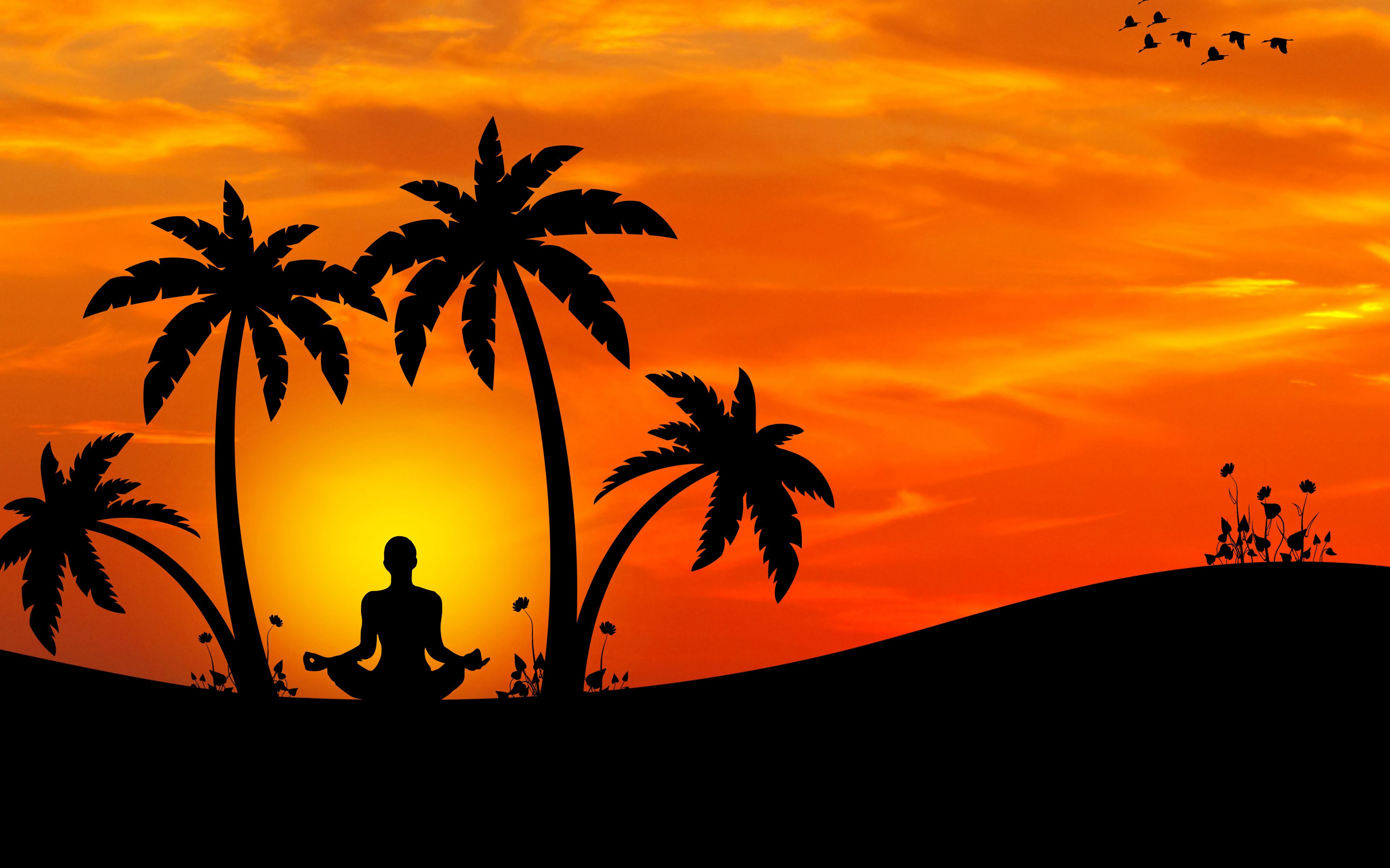 Download wallpaper 3840x2400 meditation, yoga, silhouette, palm trees,  harmony 4k ultra hd 16:10 hd background