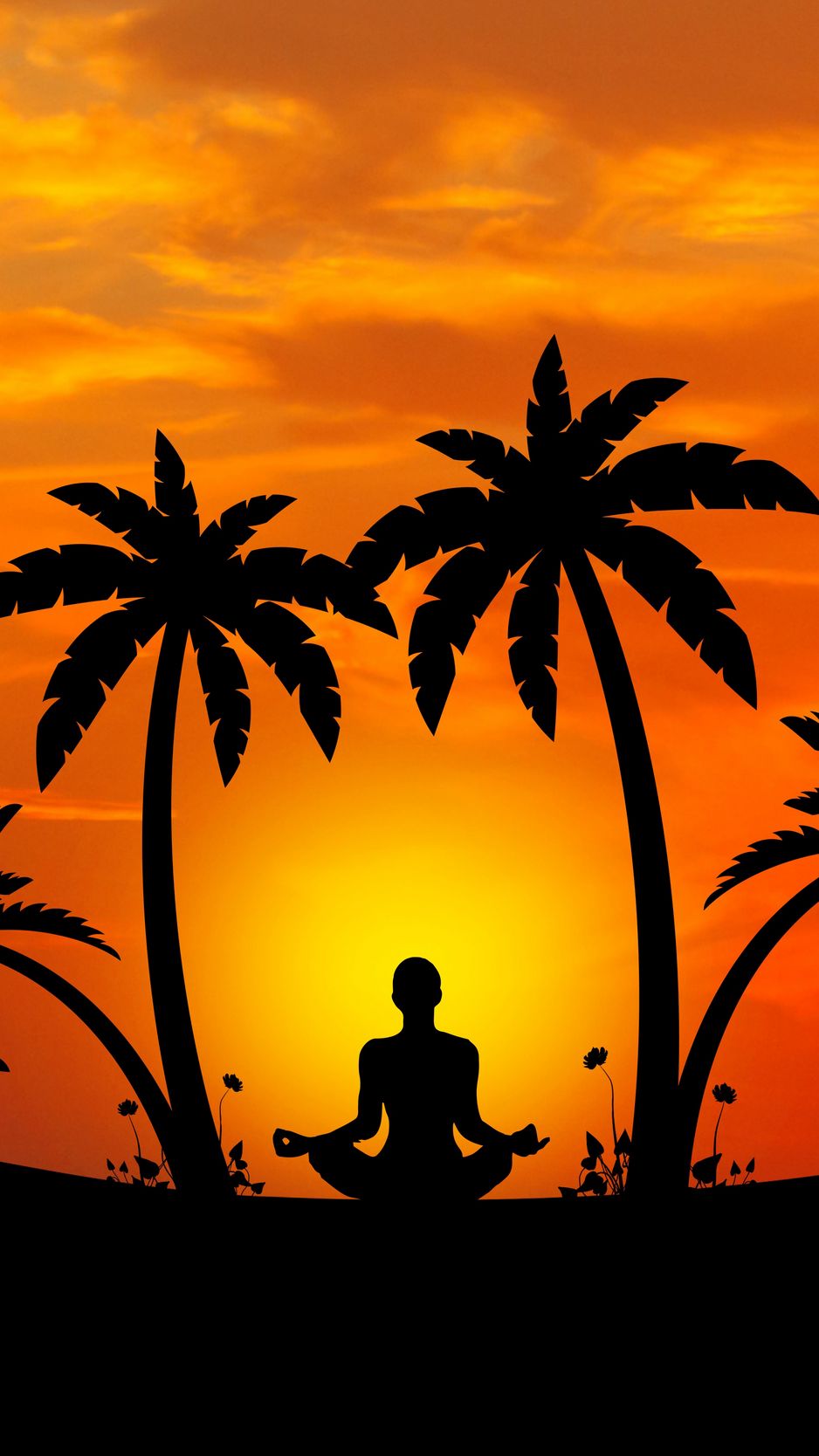 Download wallpaper 938x1668 meditation, yoga, silhouette, palm trees,  harmony iphone 8/7/6s/6 for parallax hd background