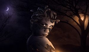 Preview wallpaper medusa, gorgon, night, moon, trees