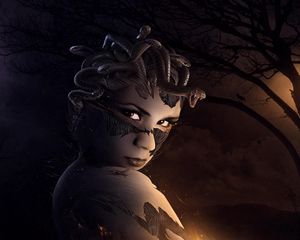 Preview wallpaper medusa, gorgon, night, moon, trees